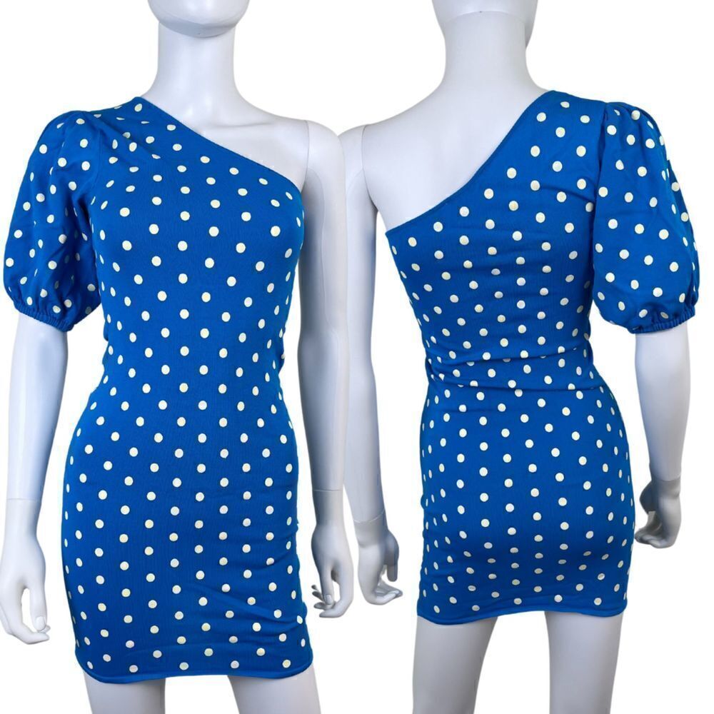 Zara Women Size S Blue Polka Dot One Shoulder Puff Sleeve Mini Bodycon Dress